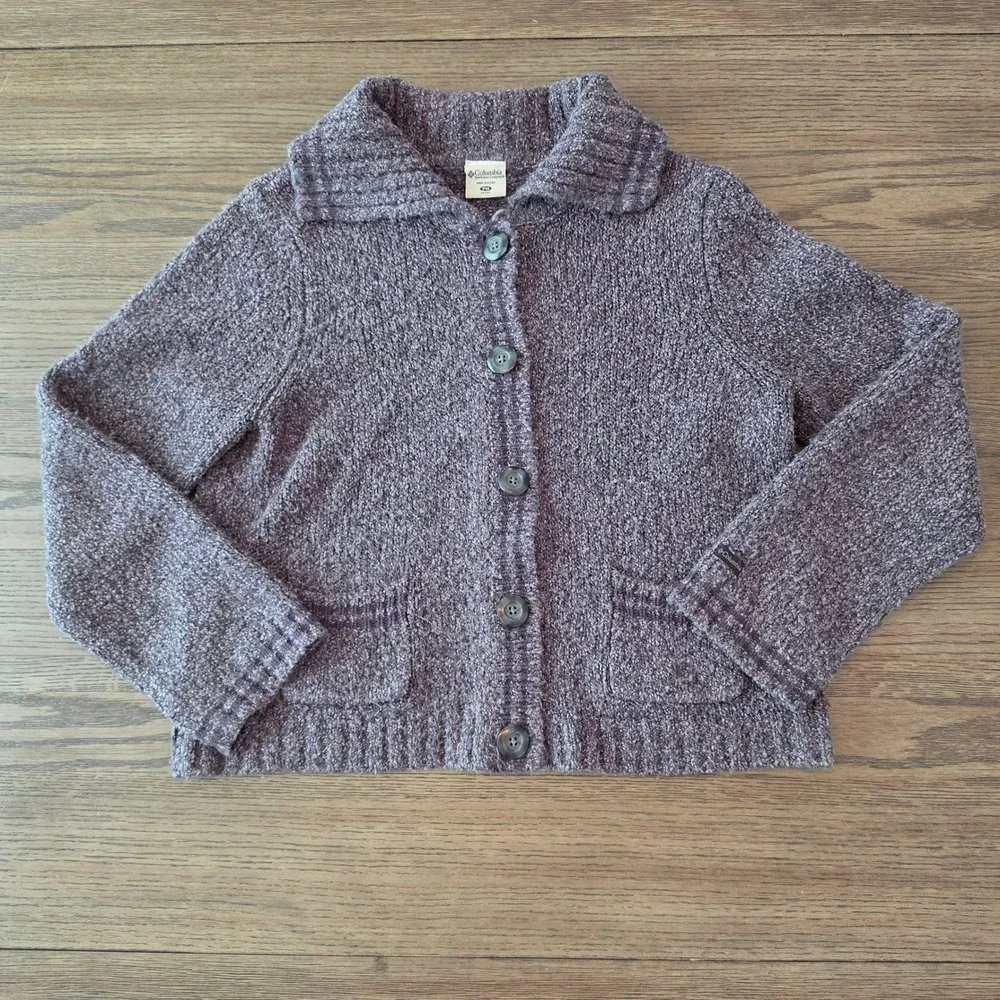 Columbia Purple Marl Knit Button Front Cardigan Sweater Petite Medium PM